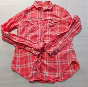 Hollister Coral Plaid Button-Down Shirt